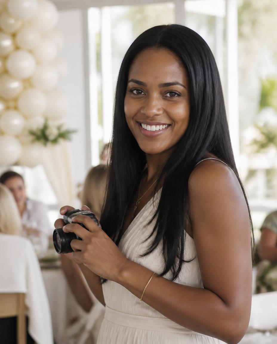 The founder of Creating Something Memorable, an Afro Latina woman with long straight black hair, smiling and holding her camera at a bright, sunlit celebration