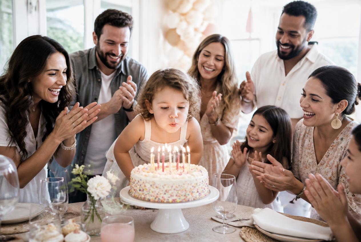 A toddler leaning in to blow out birthday candles while a diverse group of family and friends clap and smile around the cake in a bright, sunlit room