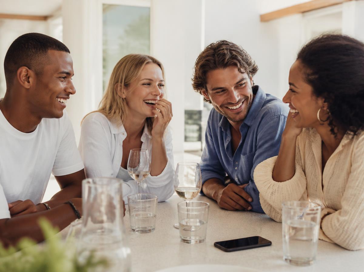 Four friends of different backgrounds laughing together around a sunlit table, a phone lying face-down beside them