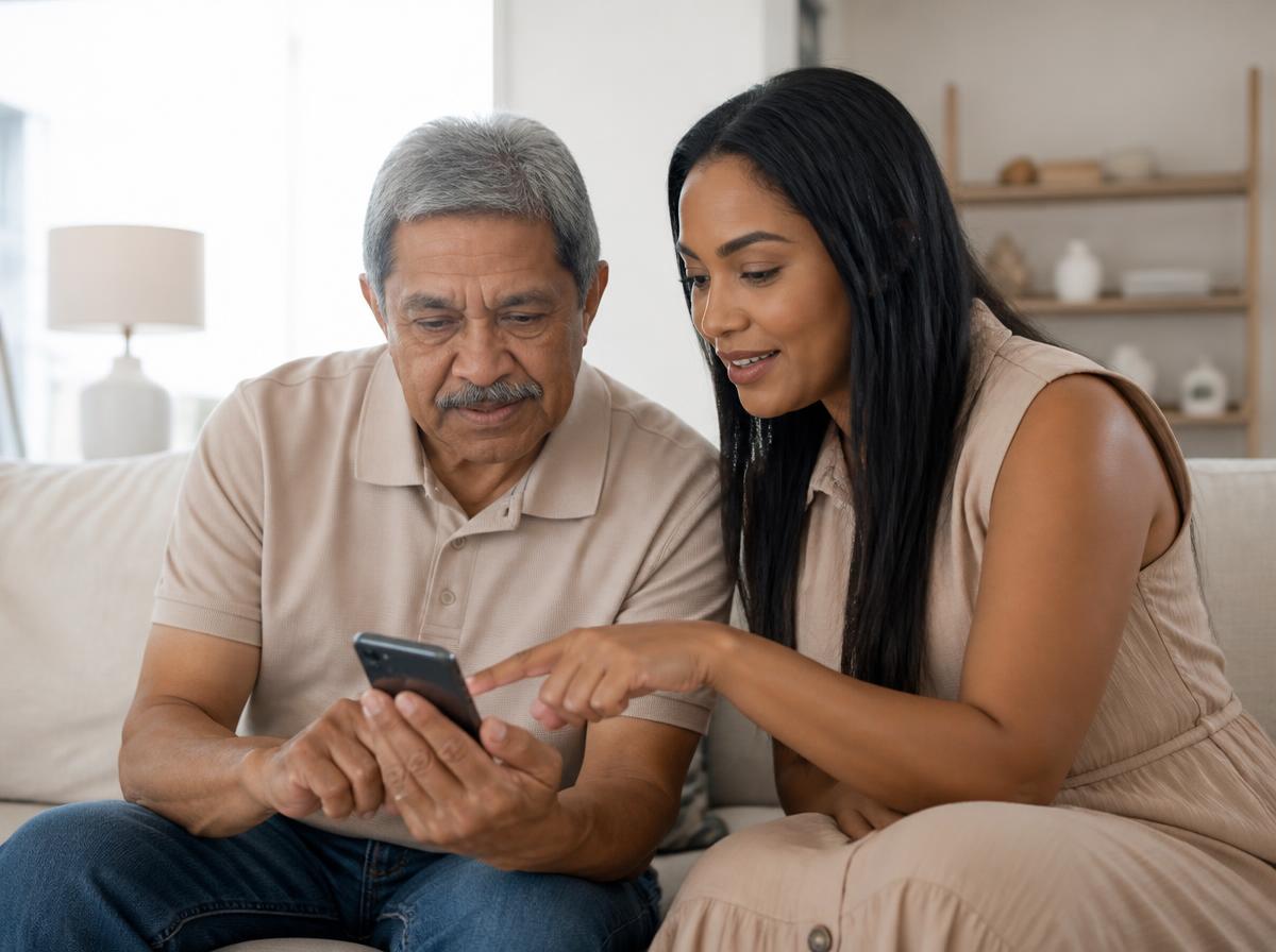 An Afro Latina woman with long straight black hair patiently helping an older man with his phone in a bright living room